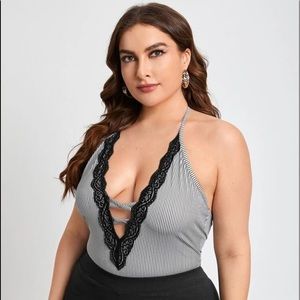 SHEIN Striped Lace Halter Bodysuit Plus Size 2X